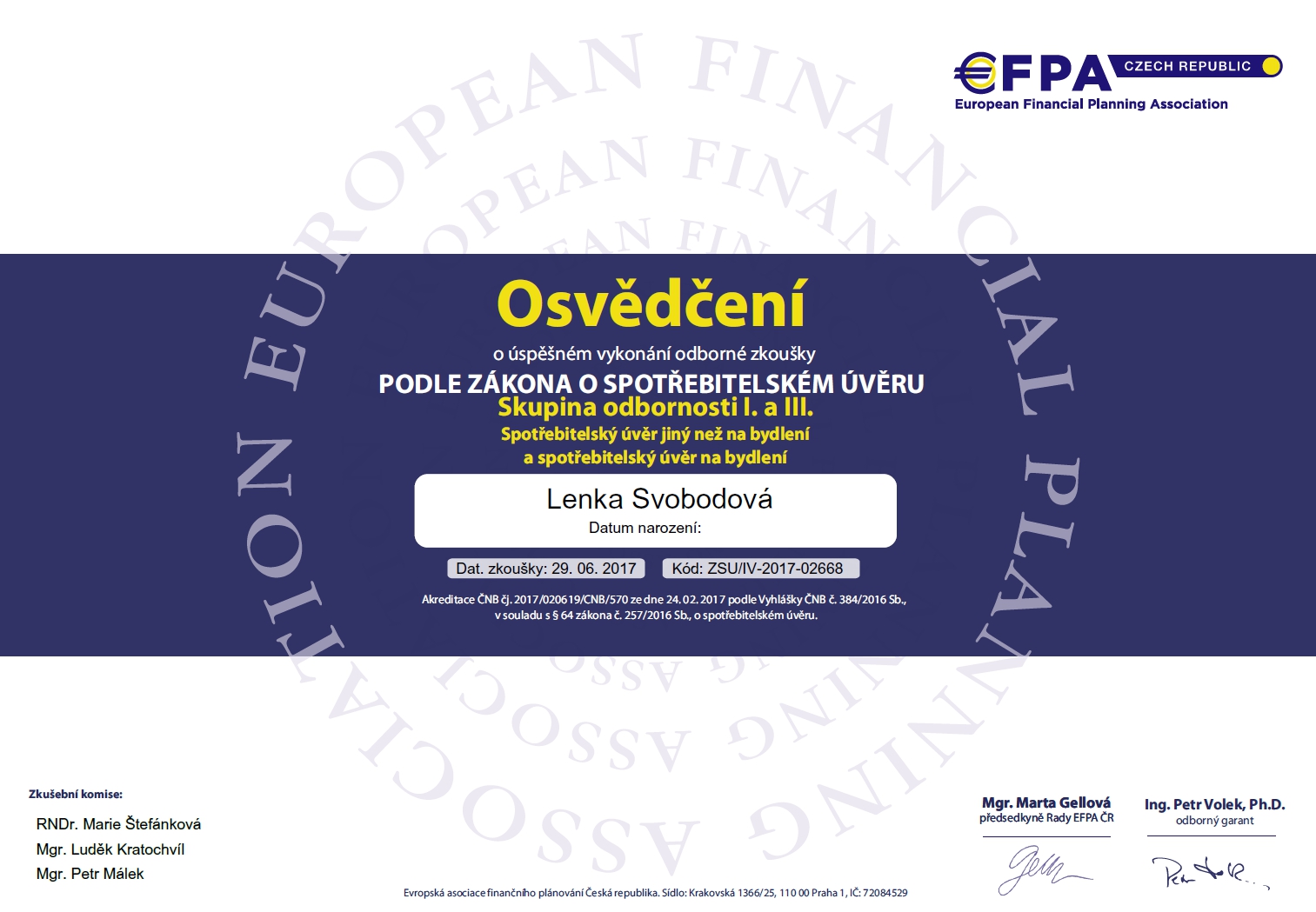 certifikát EFPA